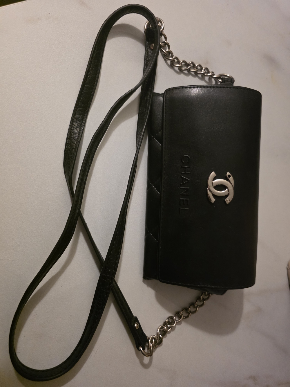 CHANEL Black Leather CC-Emblem Chain-Strap Wallet / Mini Bag